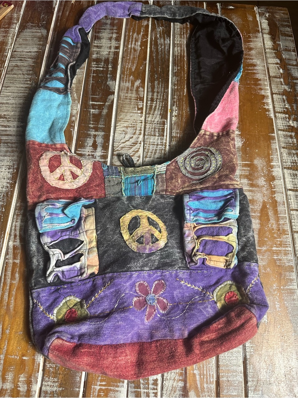 Bohemian Patchwork Peace Sign Shoulder Bag in Purple & Multicolor
